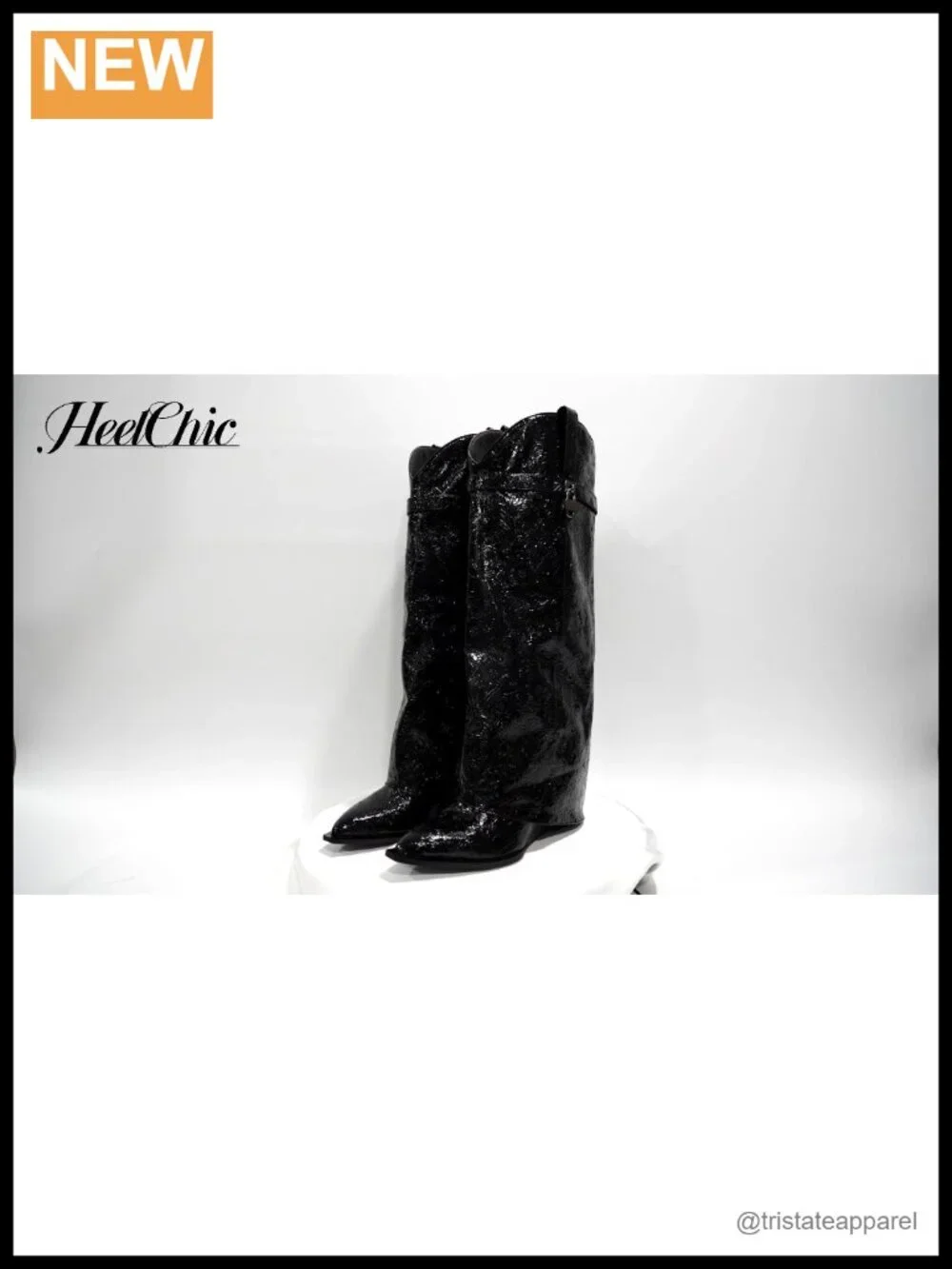 Fold Over Floral Print Knee High Wedge Heel Boots Women PU Pointed Toe